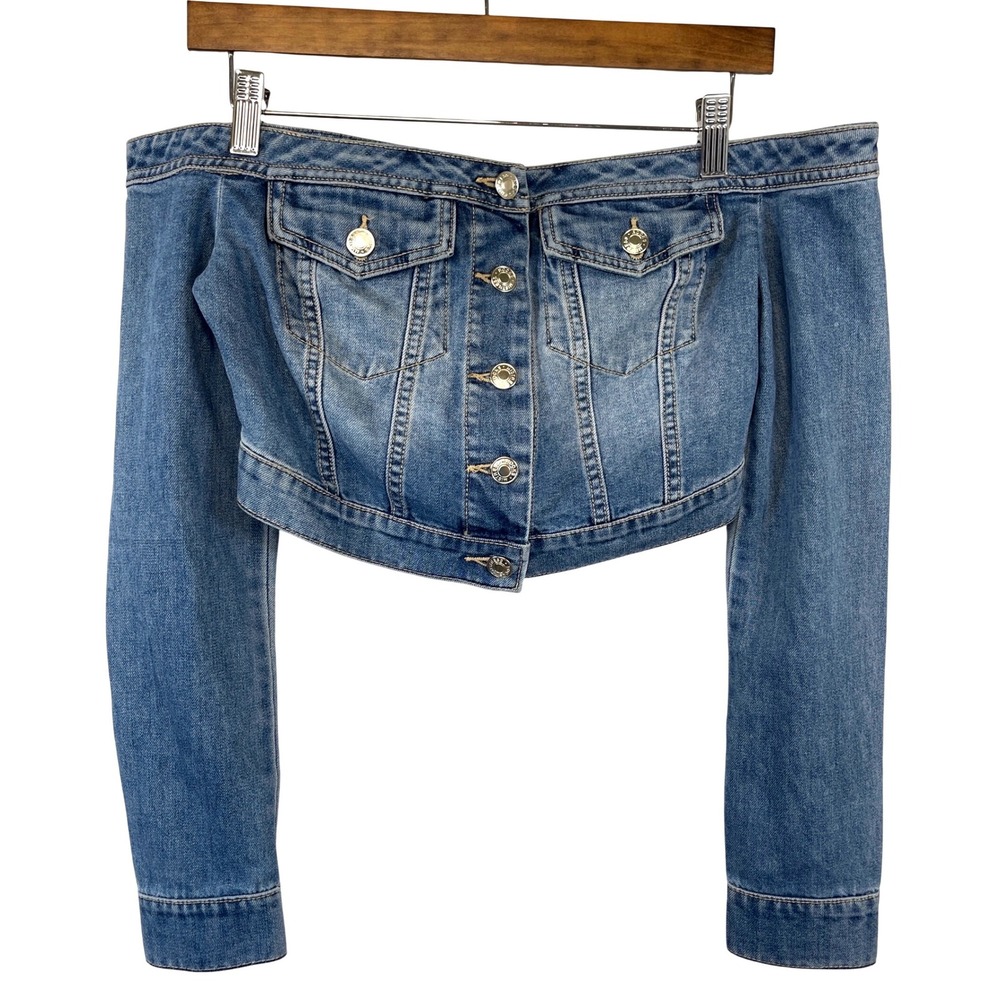 Mistress Rocks Off The Shoulder Cropped Denim Jacket Top S Blue Y2K Baddie Edgy